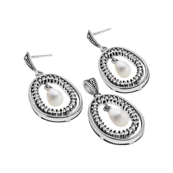 Juego Oval De Plata Con Perla Y Marquesitas