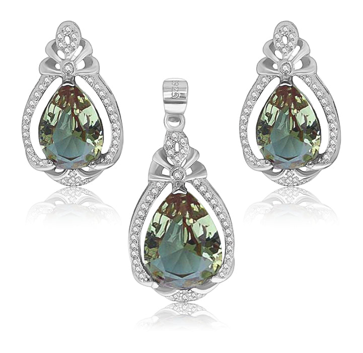 Juego De Lágrima De Plata Con Circonia Circonia / Verde