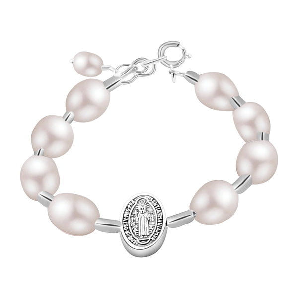 Pulsera Con Medalla De San Benito Y Perlas 18-20 cm