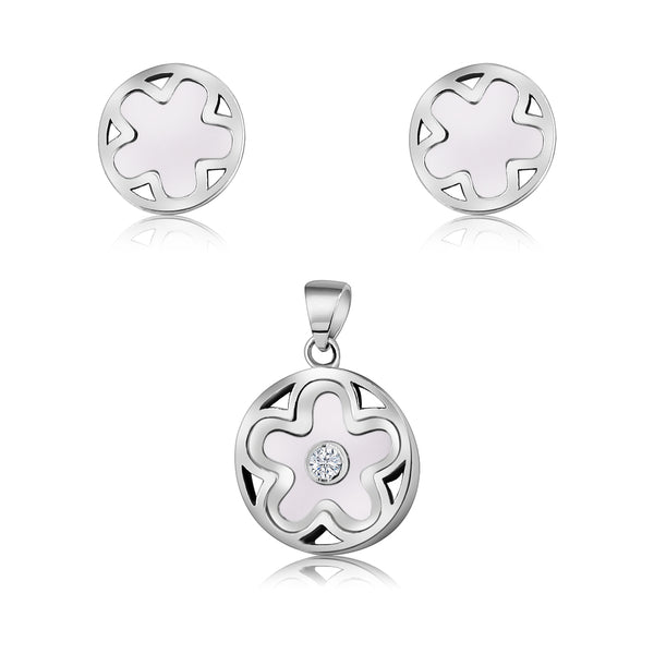 Juego De Flor En Círculo Plata Con Perla Perla