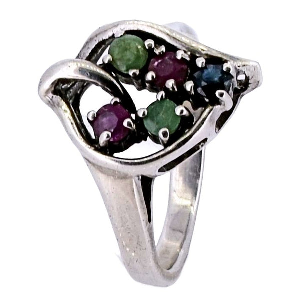 Anillo De Hoja Plata Con Piedras Preciosas