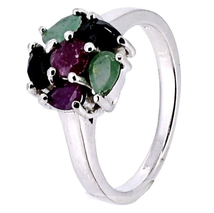 Anillo De Flor Plata Con Piedras Preciosas