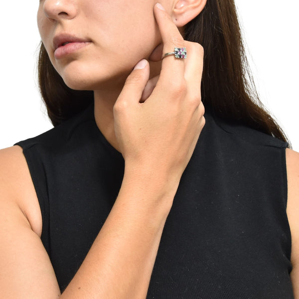 Anillo De Rectángulo Plata Con Piedras Preciosas