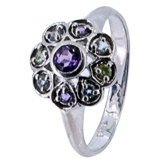 Anillo De Flor Plata Con Piedras Preciosas