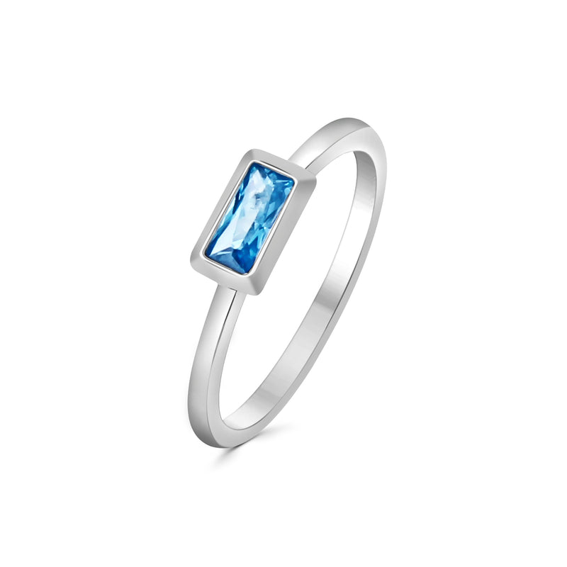 Anillo Solitario Rectángulo Chico Plata Con Circonia Azul / #5