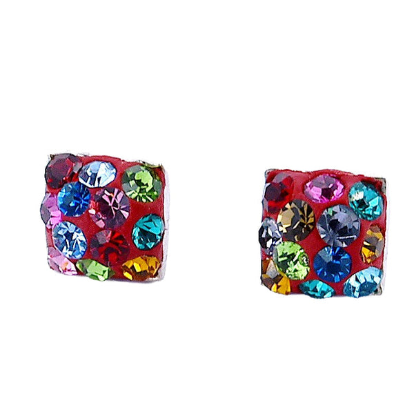 Aretes De Cuadrado De Colores Plata Con Cristal