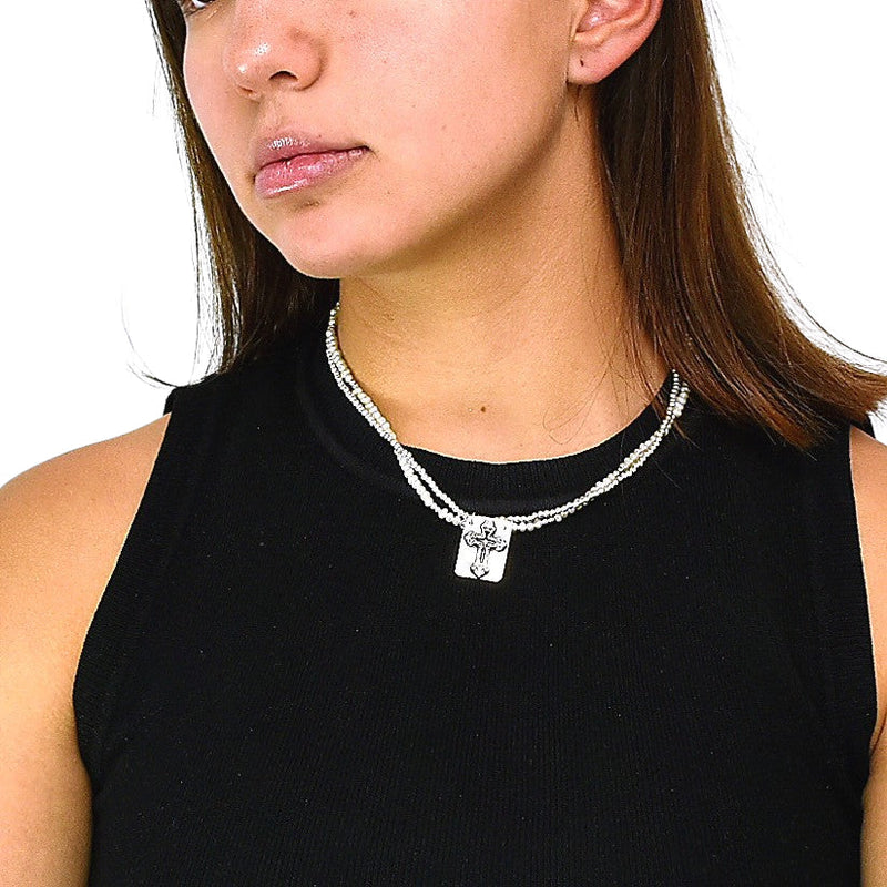 Collar Doble Con Cuencas De Plata Y Dije Cruz