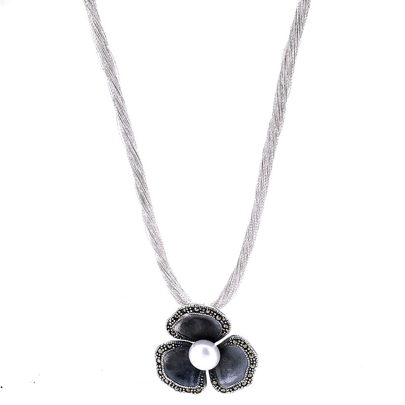 Collar Seda Con Dije Flor Plata Con Marquesita